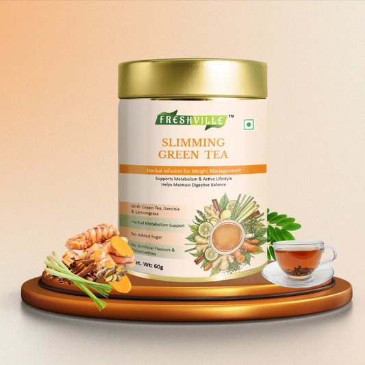 Tea pot containing Freshville Slimming Green Tea in a 60g package, showcasing the brand's green tea product.