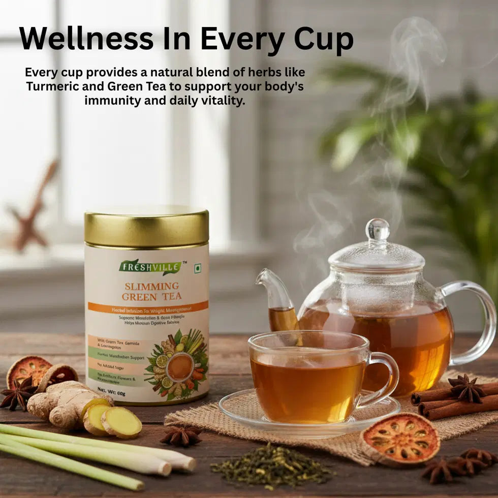 Tea pot with Freshville Slimming Green Tea, 60g, natural green tea leaves in a clear glass teapot for brewing.