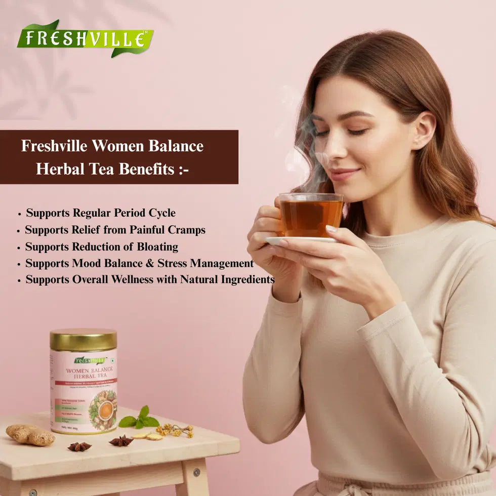 Tea pot filled with Women Balance Herbal Tea by 34136, showcasing a traditional ceramic tea pot and herbal tea leaves inside.