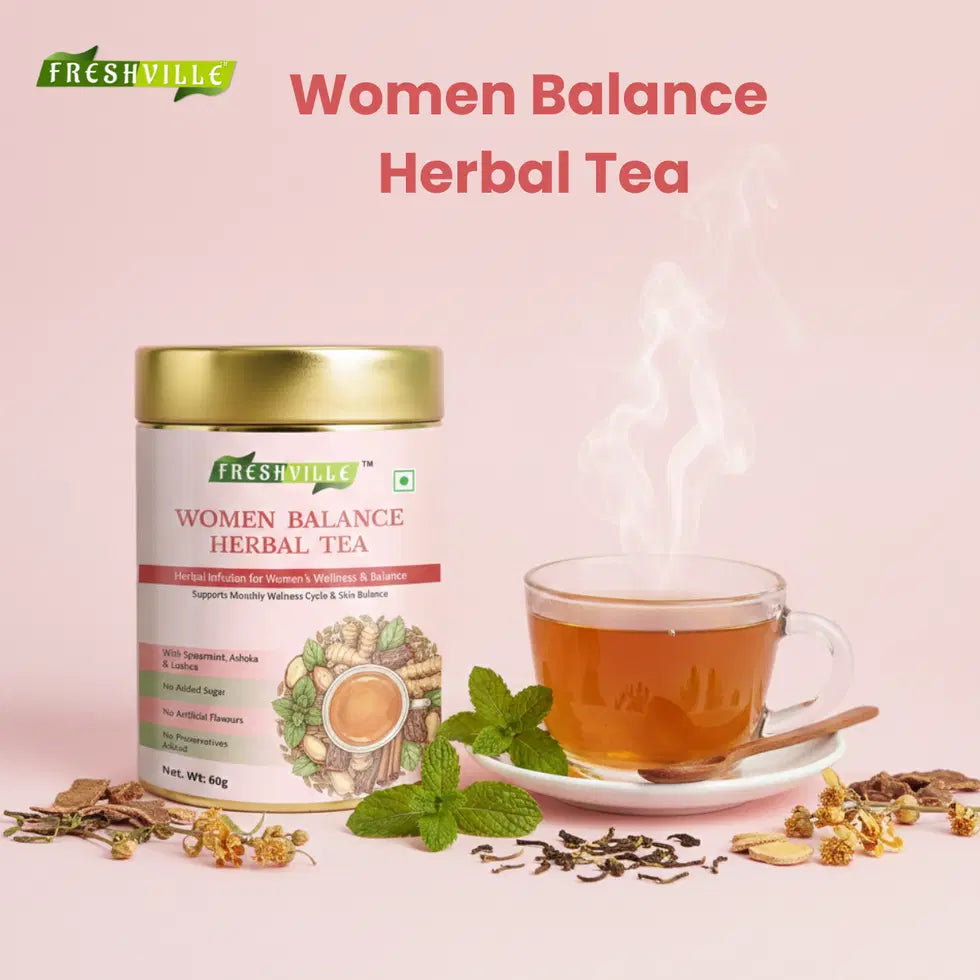 Women Balance Herbal Tea in a ceramic tea pot, showcasing the herbal tea blend and traditional brewing style.