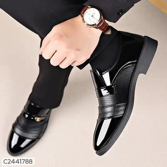 Men's shiny black slip-on formal shoes by 34608, casual style with sleek polished leather finish, designed for elegant occasions.