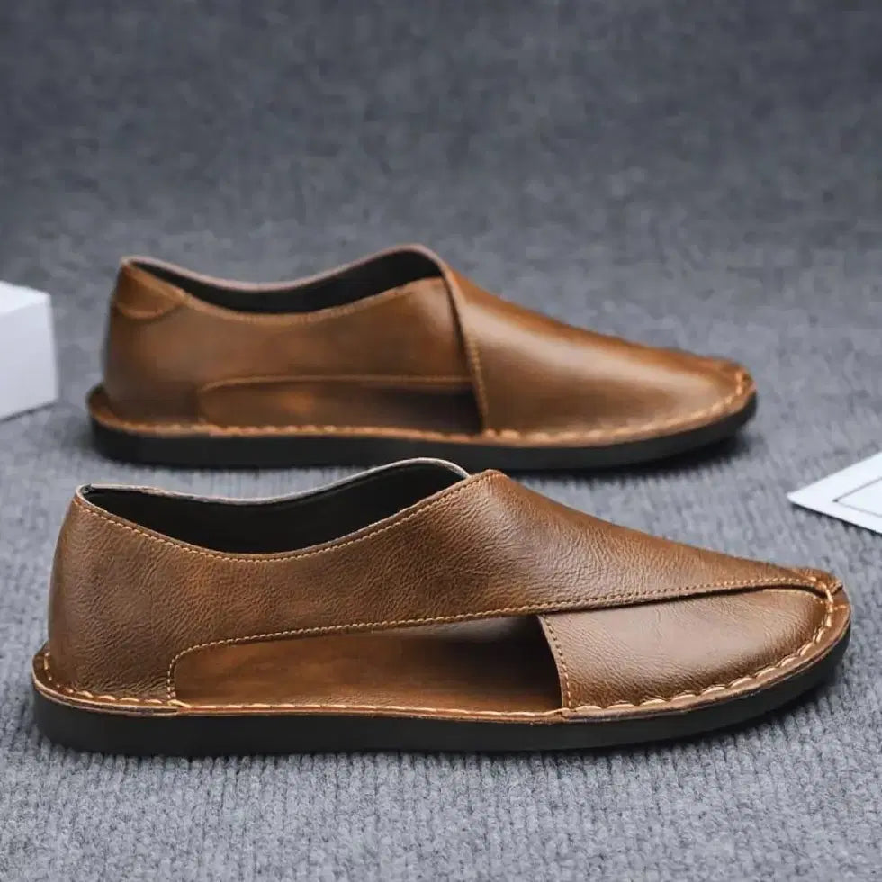 Men's tan AEROWALK Peshawari sandals from 34608 with leather straps and traditional design, stylish and comfortable footwear.