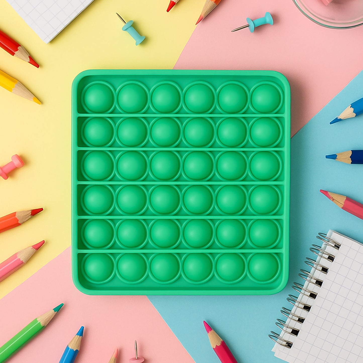 Wukusy premium square silicone Pop It fidget toy with colorful bubbles, perfect for stress relief and sensory play.