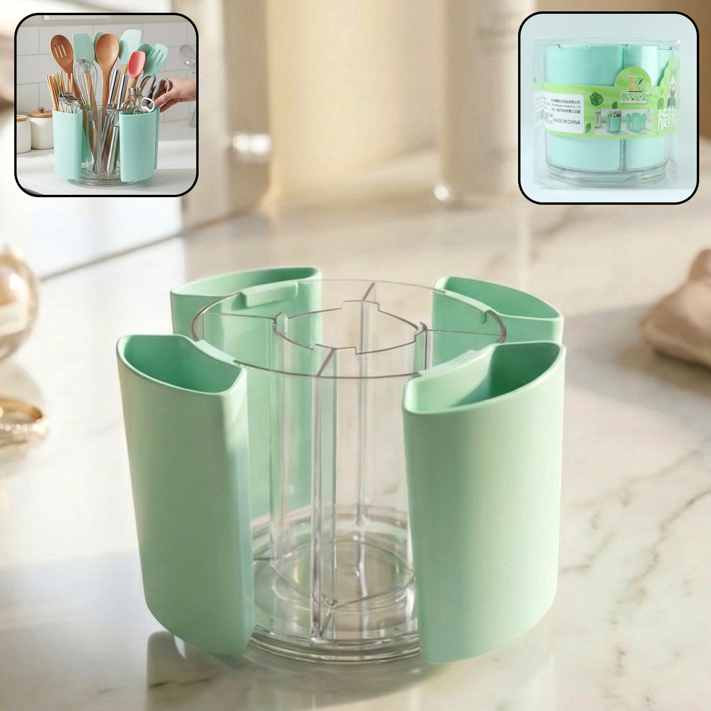 Wukusy 5-compartment rotating pen holder with space for pens, pencils, and stationery on a desk.