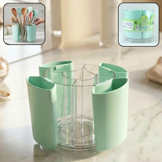 Wukusy 5-compartment rotating pen holder with space for pens, pencils, and stationery on a desk.