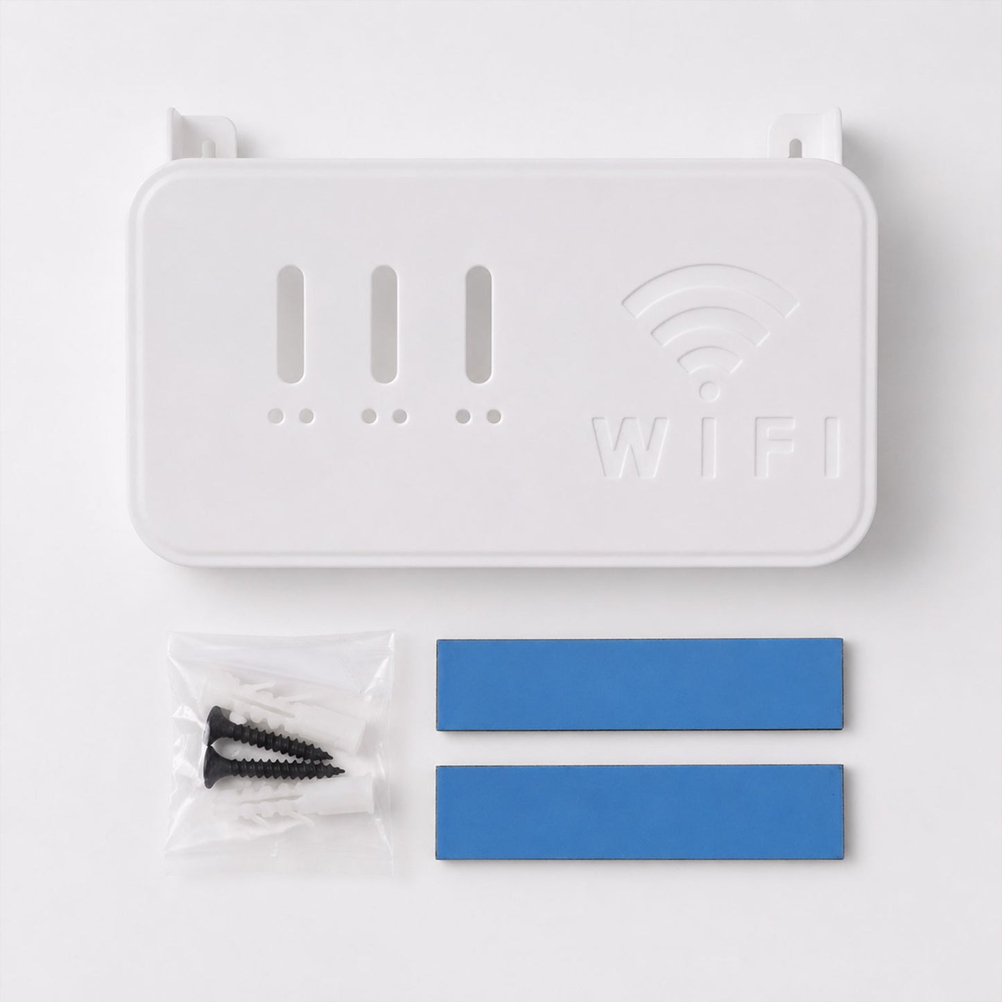 Wukusy wall mount WiFi router holder storage box with screws, designed to organize and secure router on the wall.