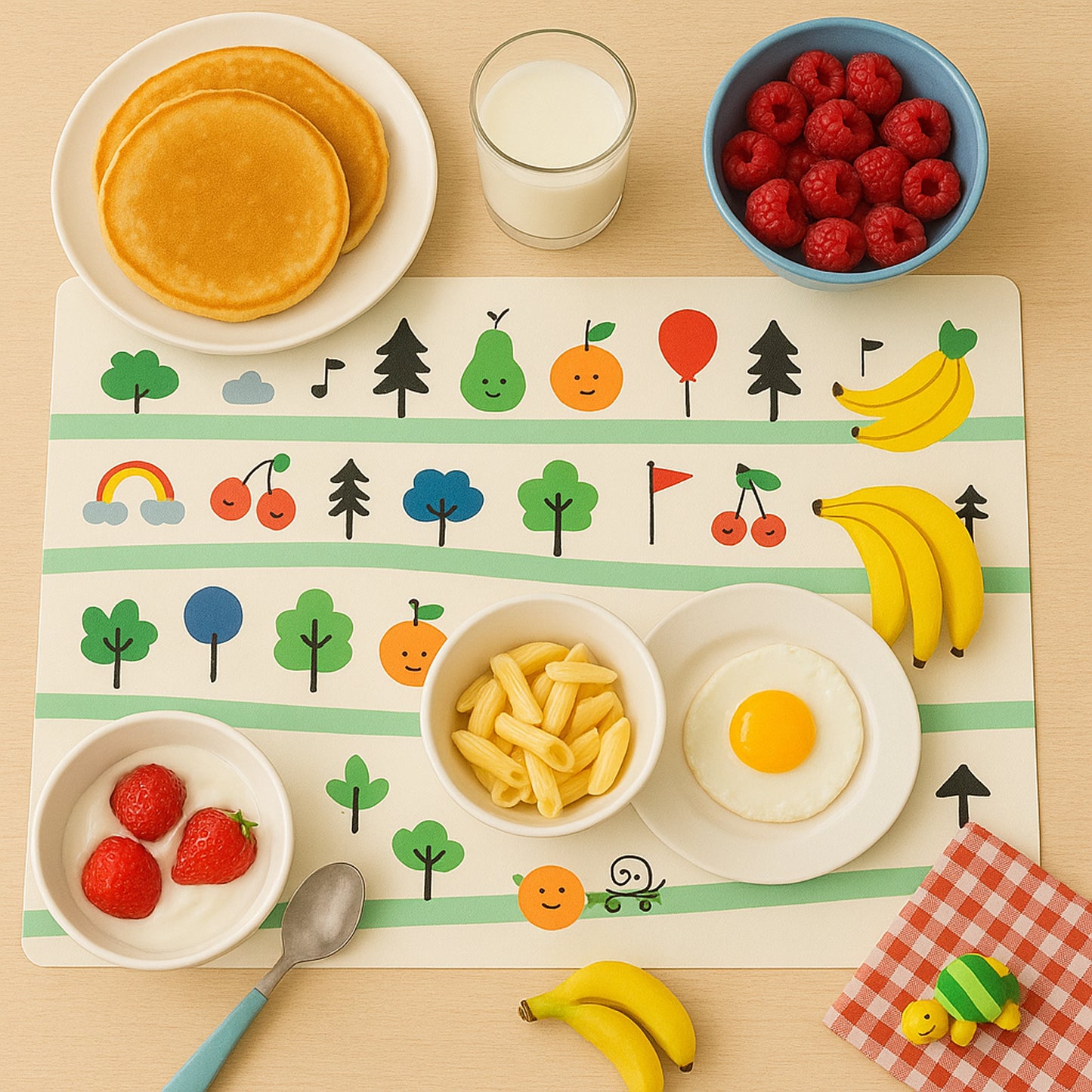 Colorful cartoon printed dining table placemats for kids, 4-piece set by Wukusy, featuring vibrant fun designs for children’s mealtime.