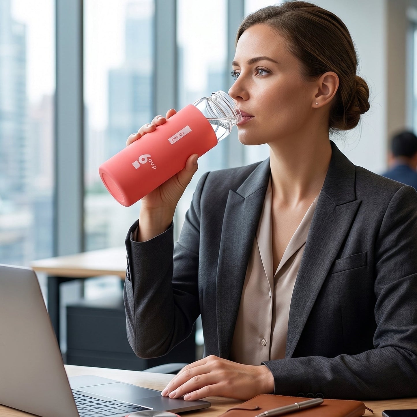 Wukusy premium glass water bottle with silicone sleeve and leak-proof cap, 400ml, shown with clear glass and colorful silicone wrap.