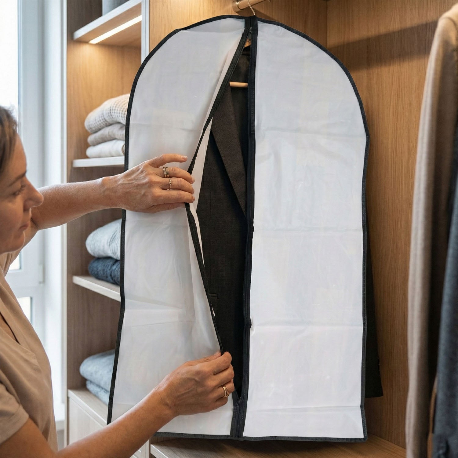Transparent Wukusy garment cover with front zipper, 100x60 cm, showing clear plastic material and zip closure for clothing protection.