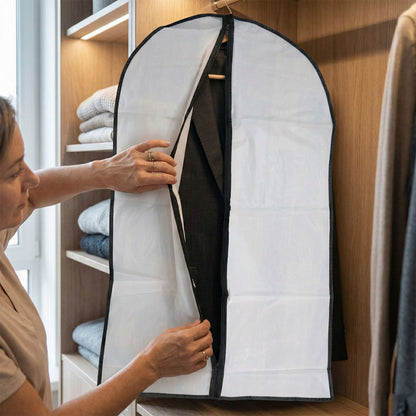 Transparent Wukusy garment cover with front zipper, 100x60 cm, showing clear plastic material and zip closure for clothing protection.