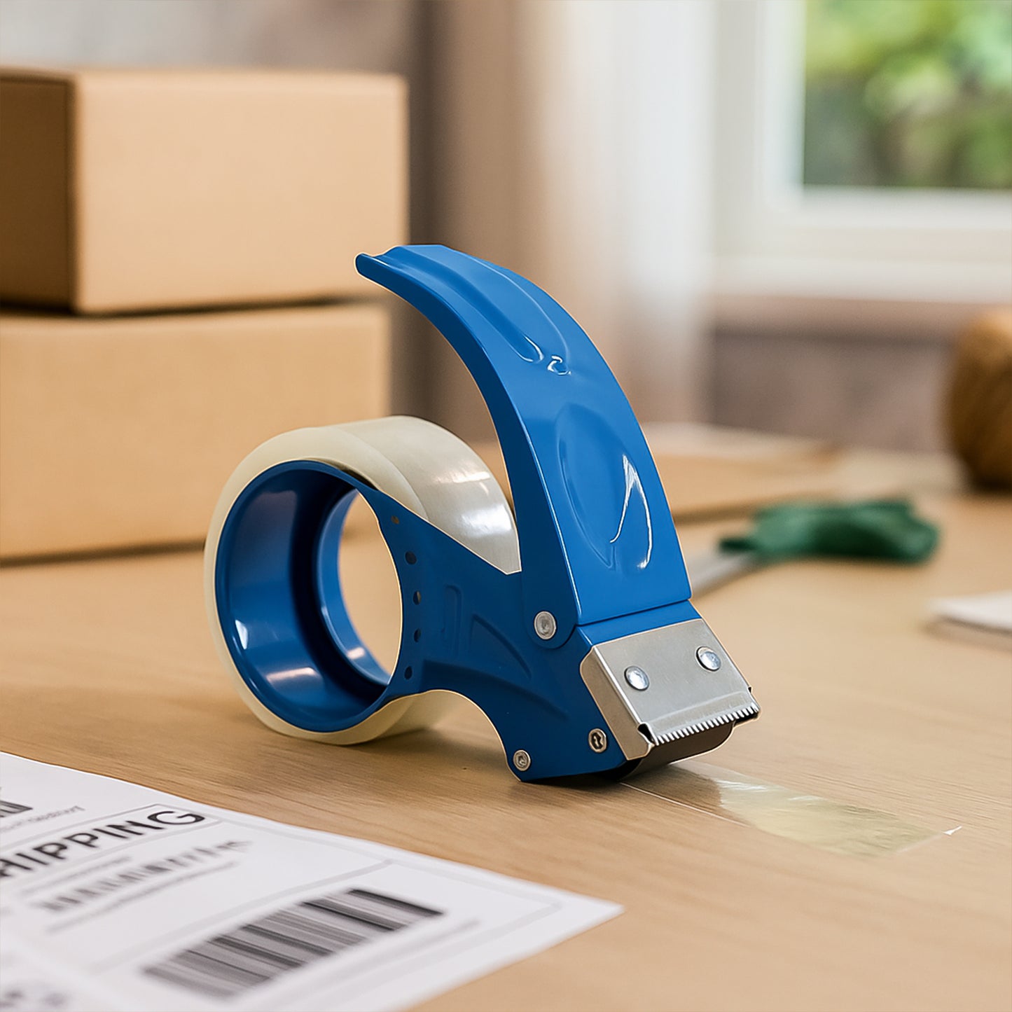 Wukusy heavy-duty tape dispenser cutter with sturdy plastic body and integrated blade for cutting packing tape.