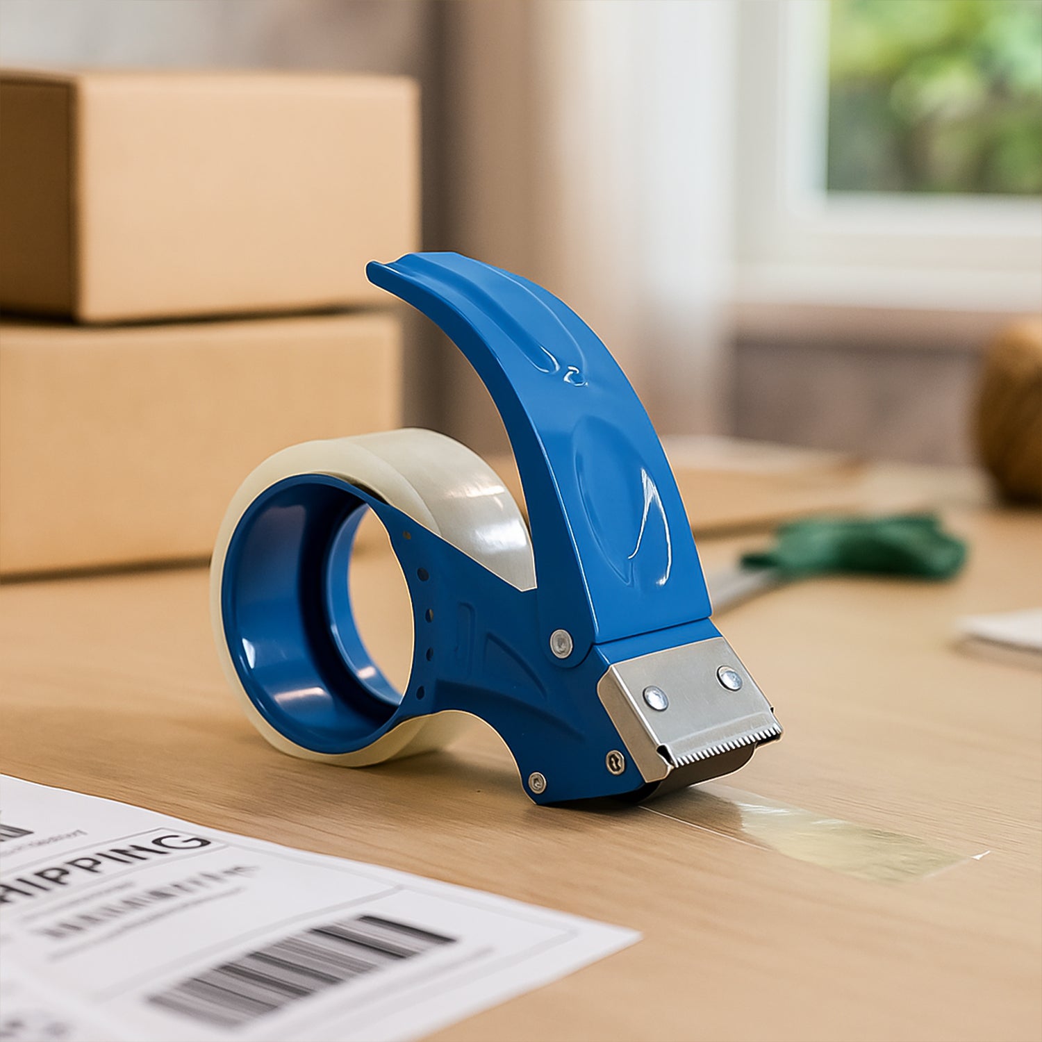 Wukusy heavy-duty tape dispenser cutter with sturdy plastic body and integrated blade for cutting packing tape.