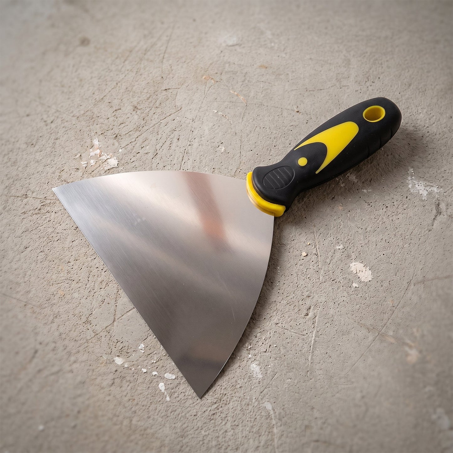 Wukusy stainless steel putty scraper with 145mm flexible blade for wall filler, shown in use on wall surface.