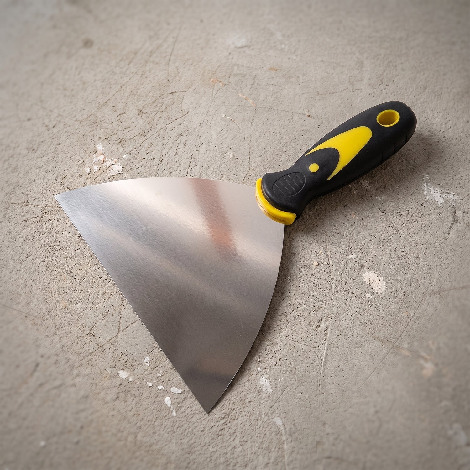 Wukusy stainless steel putty scraper with 145mm flexible blade for wall filler, shown in use on wall surface.