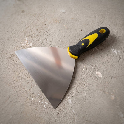 Wukusy stainless steel putty scraper with 145mm flexible blade for wall filler, shown in use on wall surface.