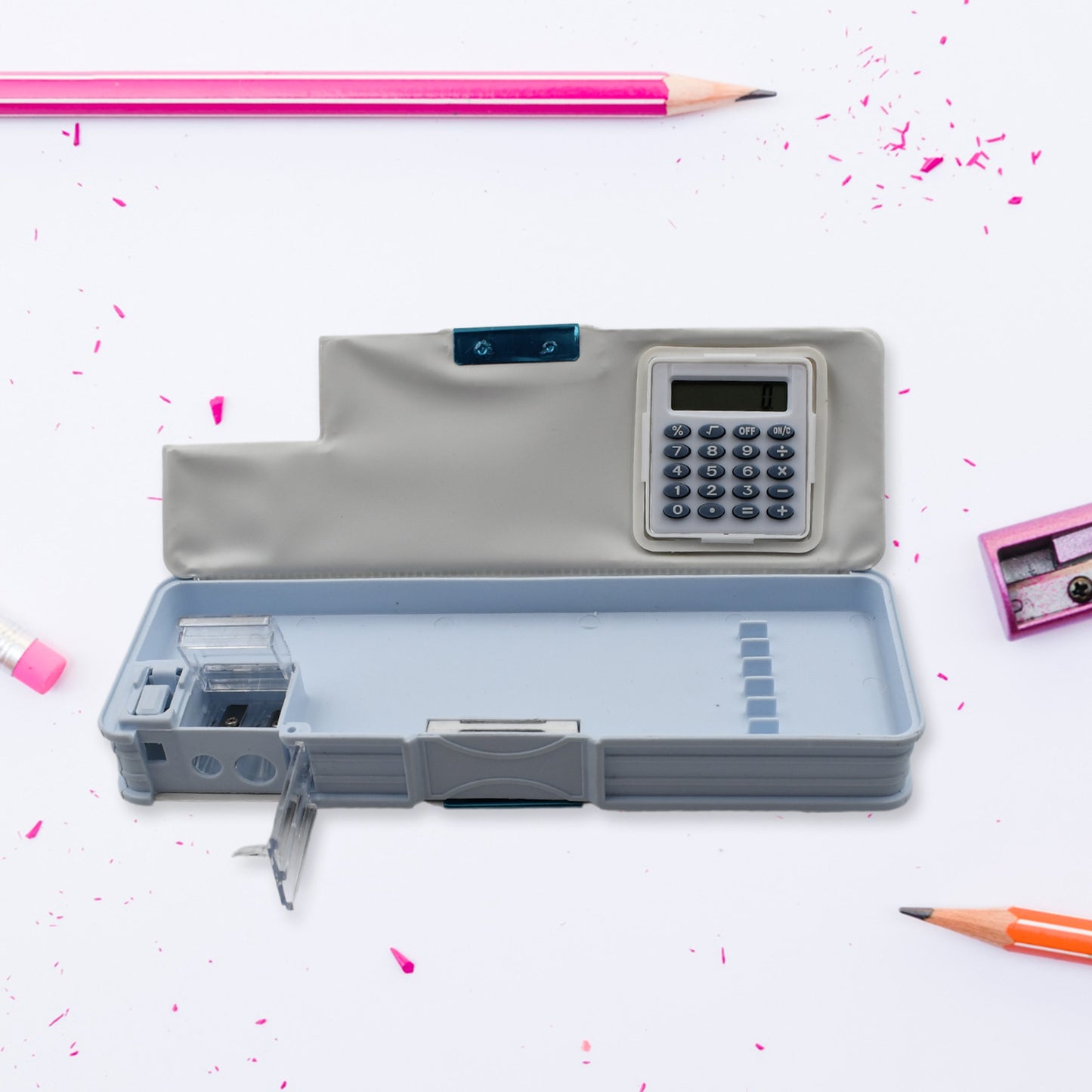 Wukusy double-sided magnetic geometry and pencil box with calculator, sharpener, and art plastic design for boys and girls.