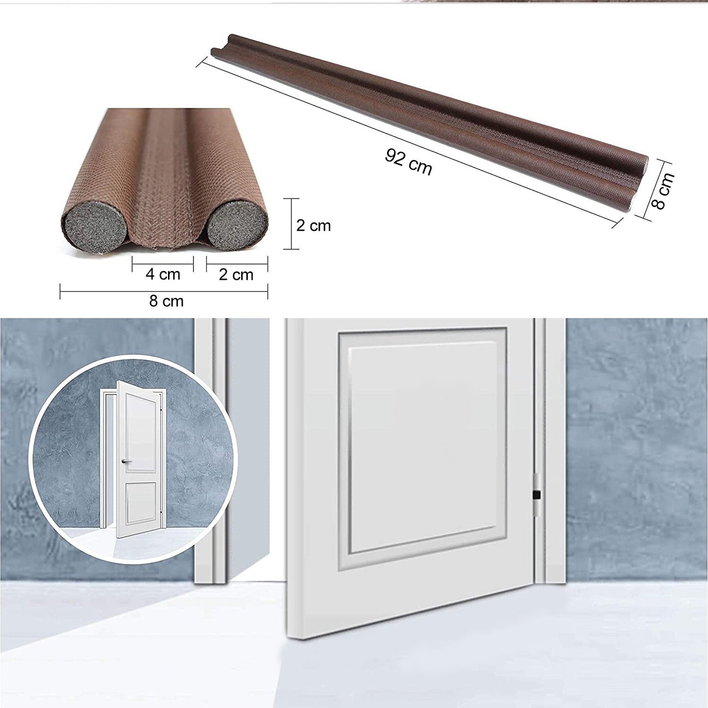 Wukusy twin door draft stopper guard on a door, designed to block drafts and improve energy efficiency in home doors and windows.