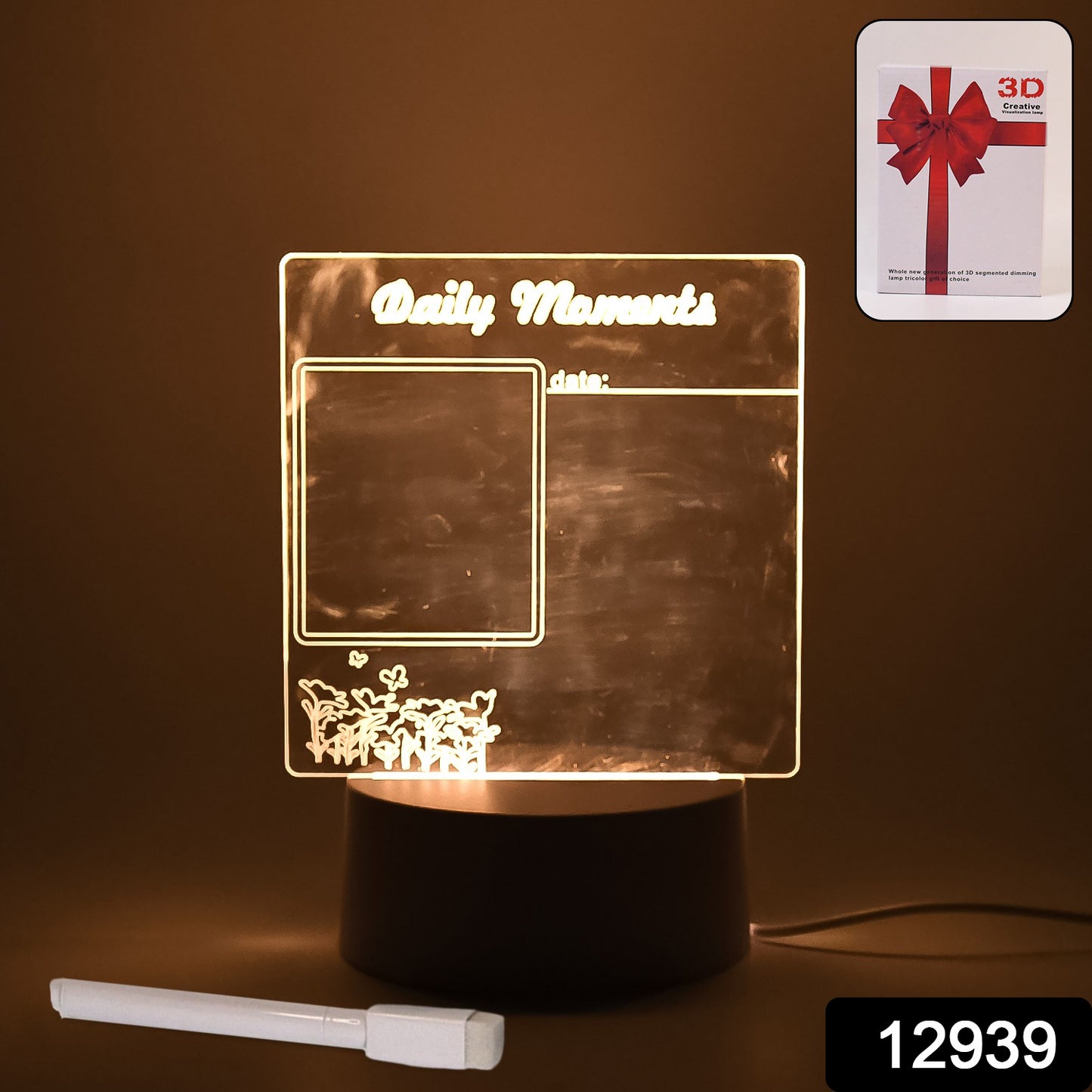 Wukusy 3D acrylic heart-shaped creative visualization lamp, erasable board table lamp for home decor, bedroom, or office.