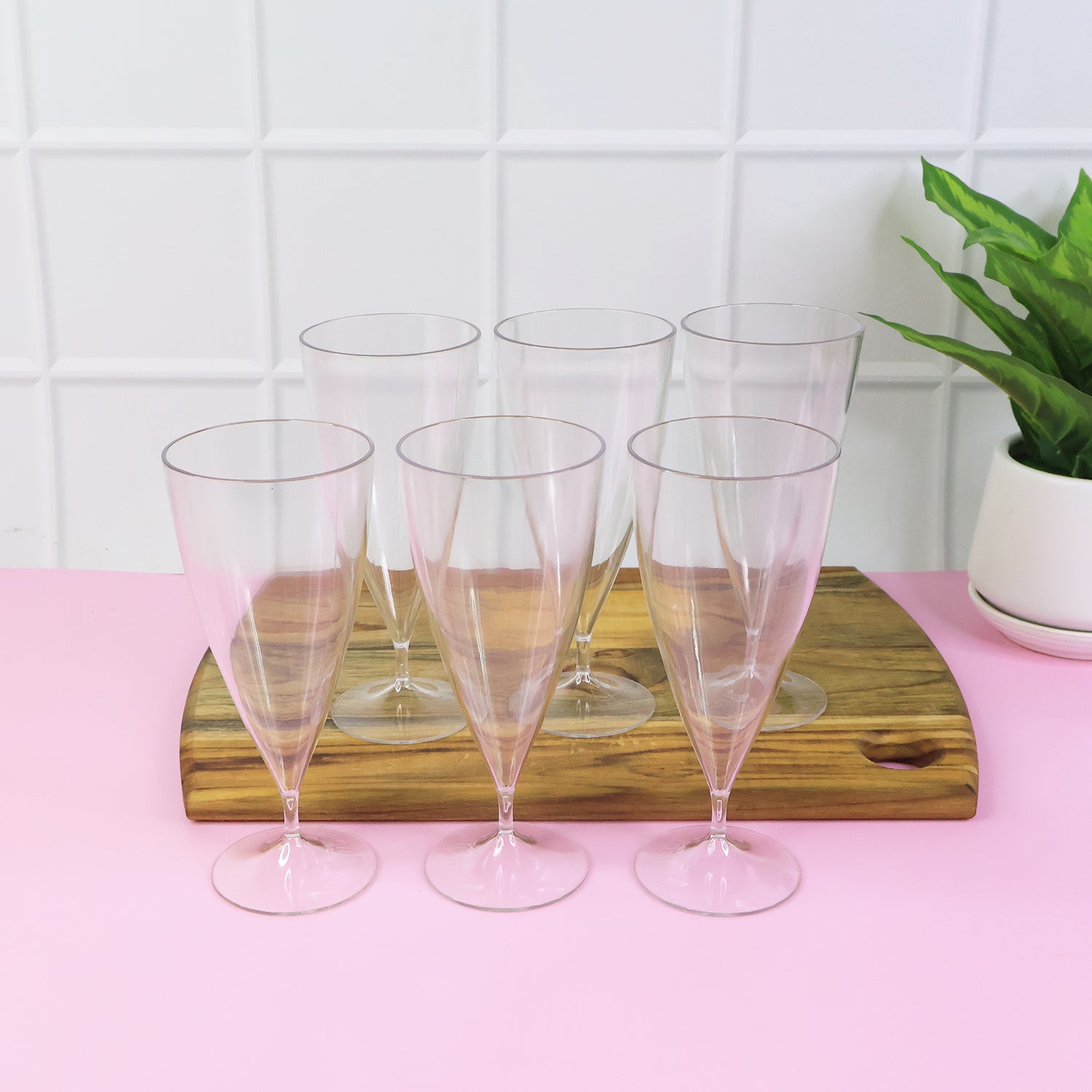 Six-piece Wukusy Supermom Plastic Shake Coco Glass Set with 230ml capacity, featuring clear plastic glasses with colorful design accents.