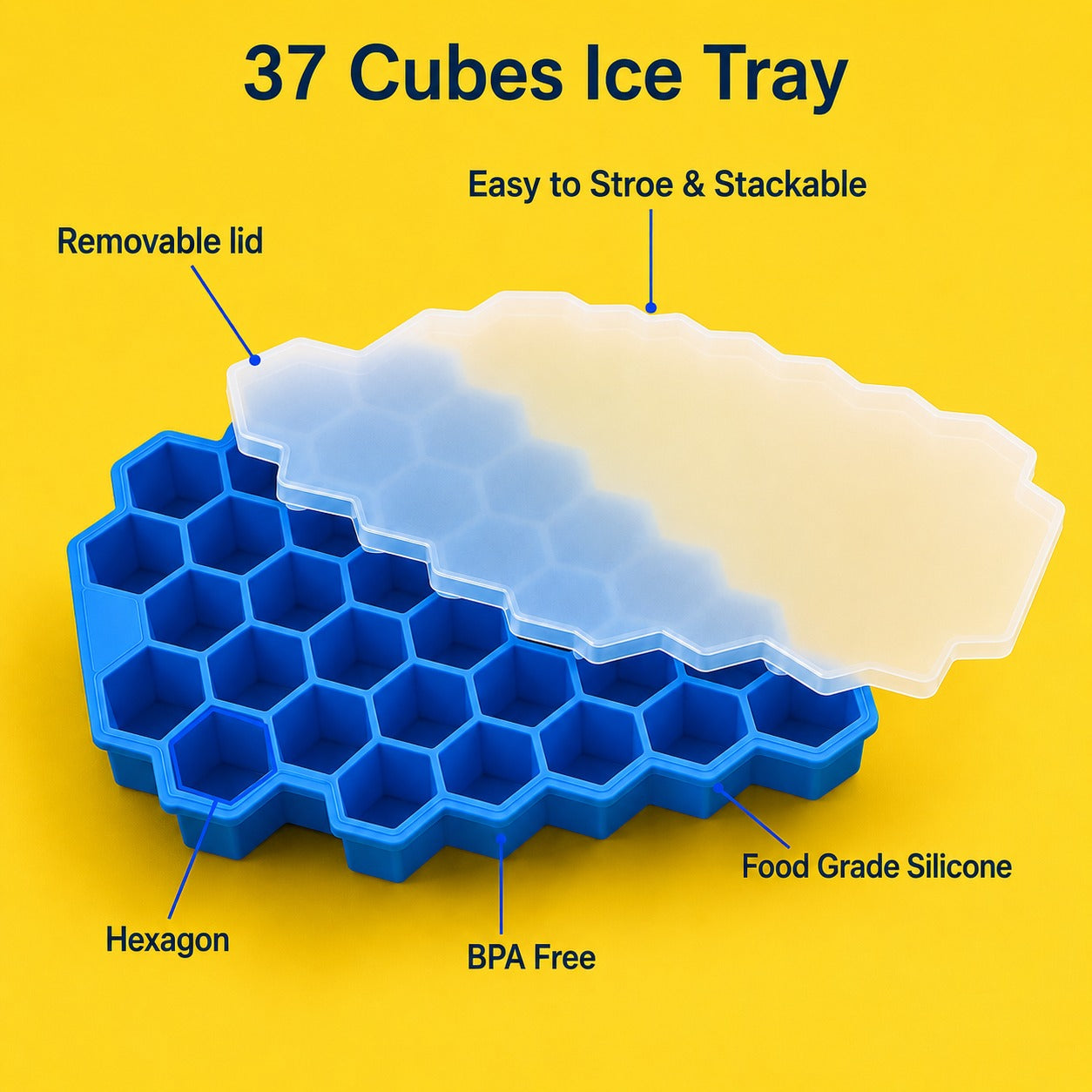 Wukusy hexagon silicone ice cube tray with lid for freezer and drinks, showing flexible silicone and sealed lid in random color
