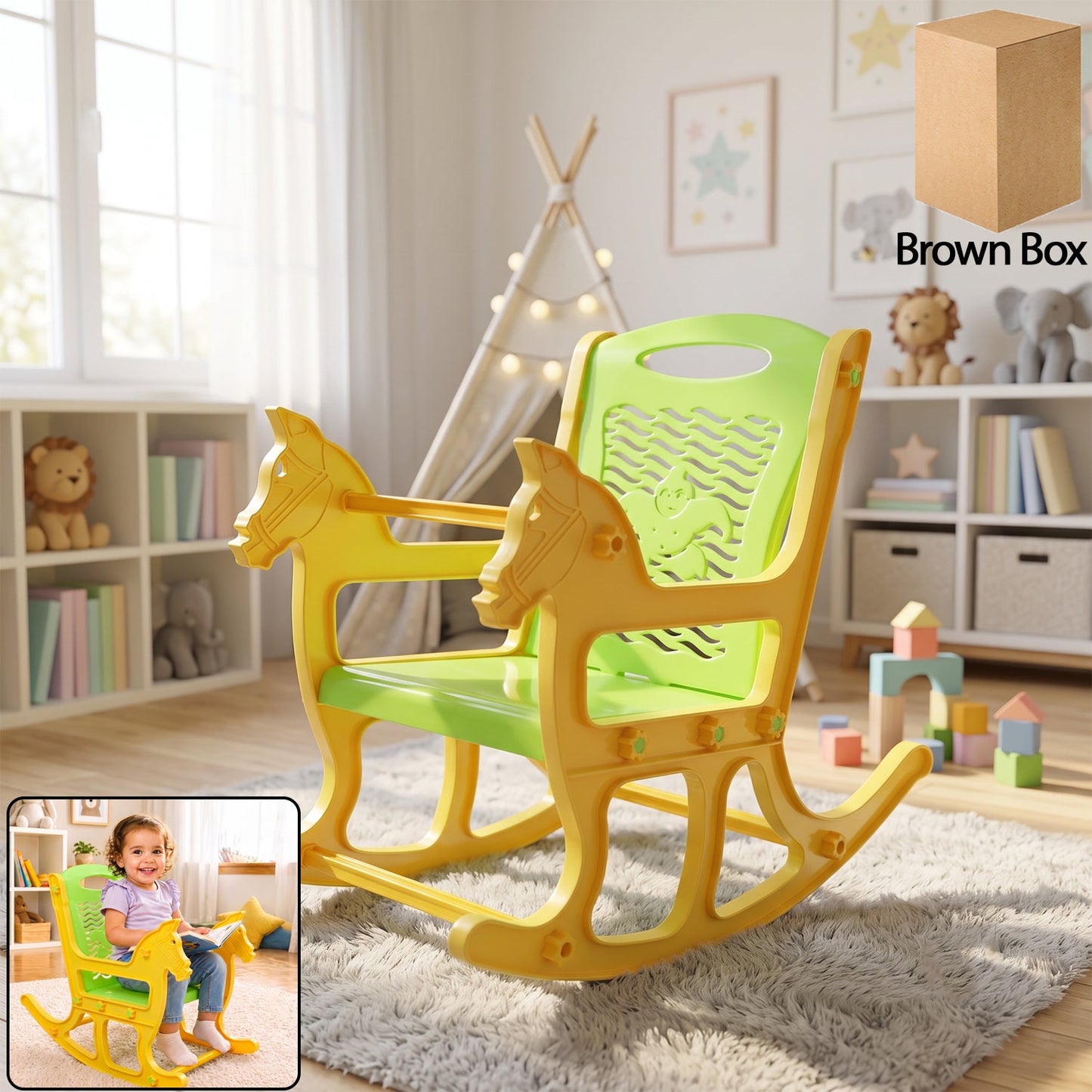 Kids plastic horse rocking chair with backrest, colorful Wukusy baby rocker seat for children, sturdy plastic construction.