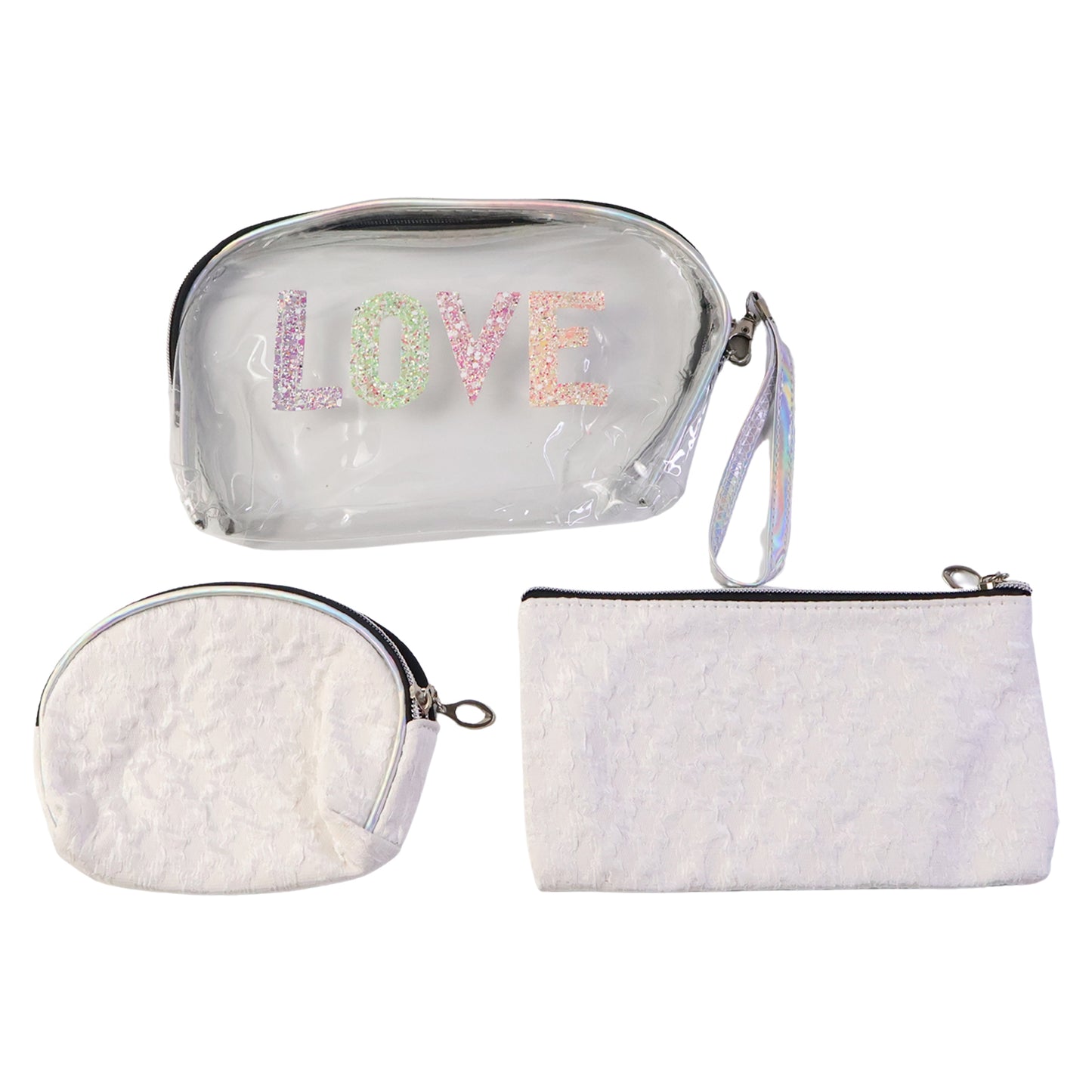 Wukusy 3-in-1 premium travel makeup bag set with multiple compartments and zipper closures for organized cosmetic storage.