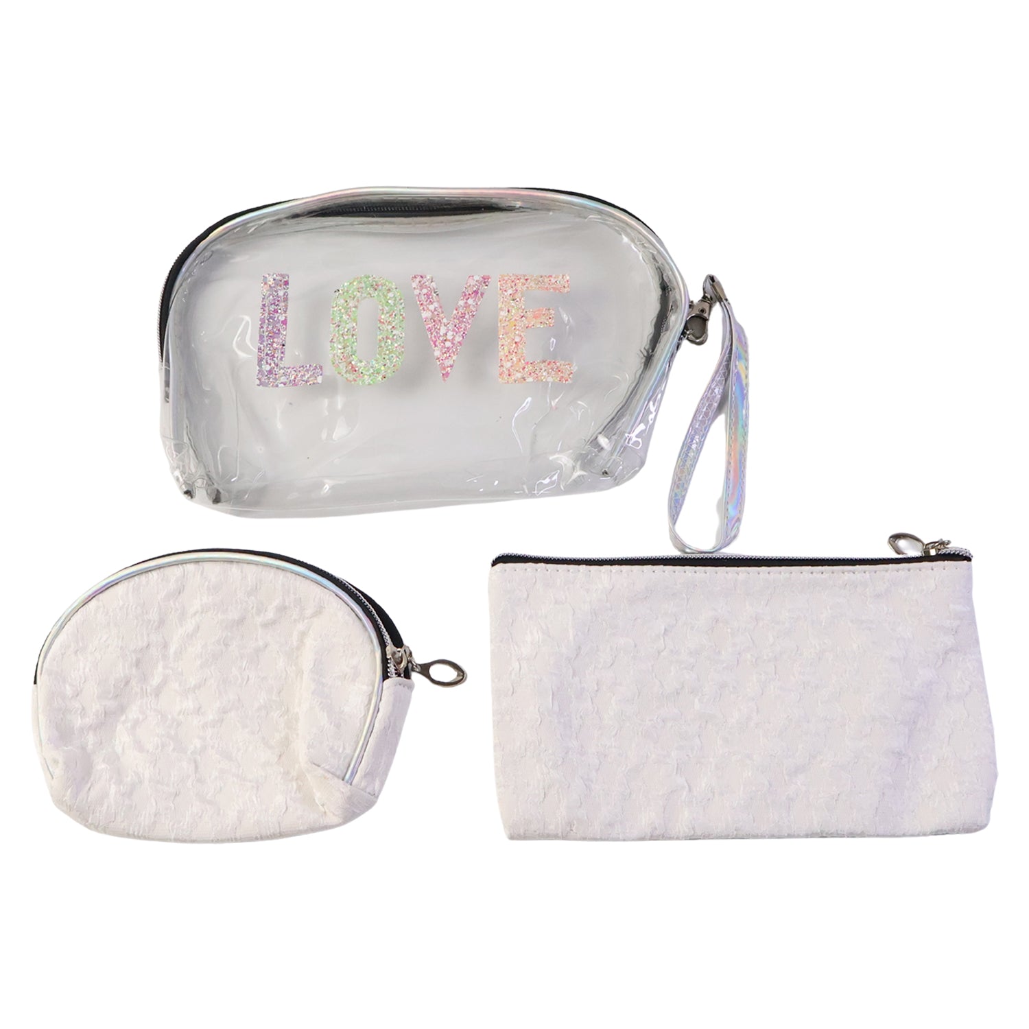 Wukusy 3-in-1 premium travel makeup bag set with multiple compartments and zipper closures for organized cosmetic storage.