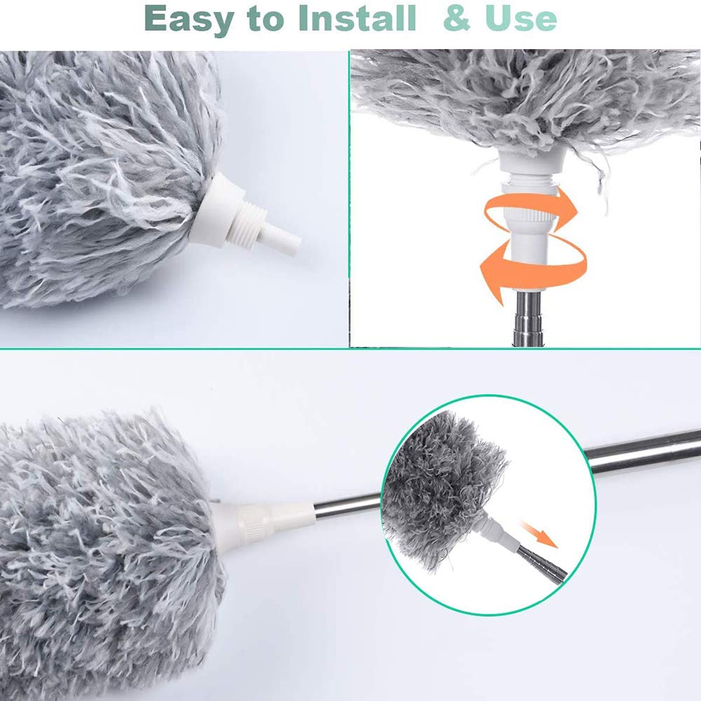 Wukusy microfiber telescoping feather duster with 100-inch extendable handle for cleaning ceilings, fans, blinds, and furniture.