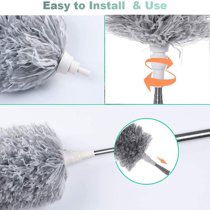 Wukusy microfiber telescoping feather duster with 100-inch extendable handle for cleaning ceilings, fans, blinds, and furniture.