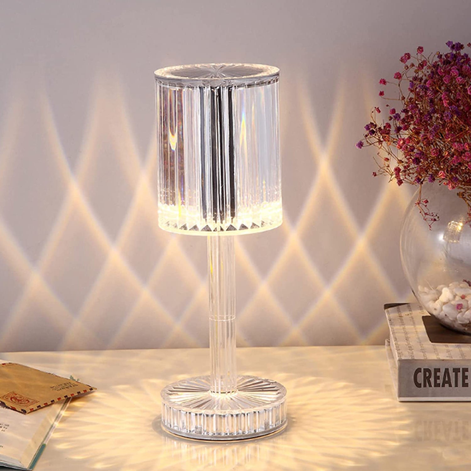 Wukusy 6605 crystal touch-controlled table lamp with USB charging port, ideal for nightstands and home decor.