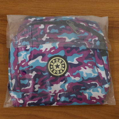 Camouflage print waist bag by Wukusy with adjustable strap, featuring multiple compartments for convenient carrying.