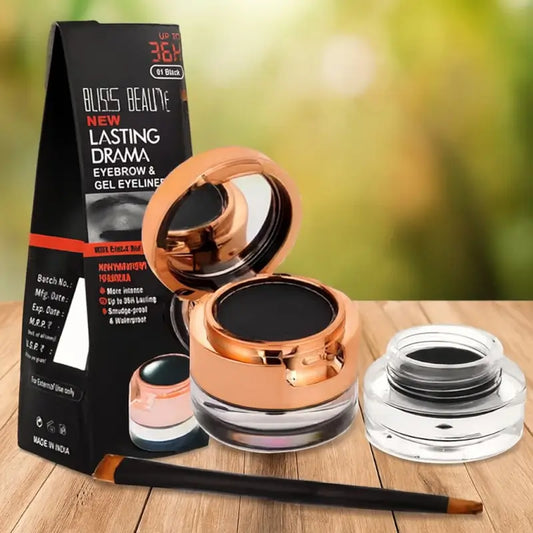 Ekom Beauty Waterproof Eyebrow and Gel Eyeliner 2-in-1 set with black and brown shades, featuring applicator brushes and sleek packaging.