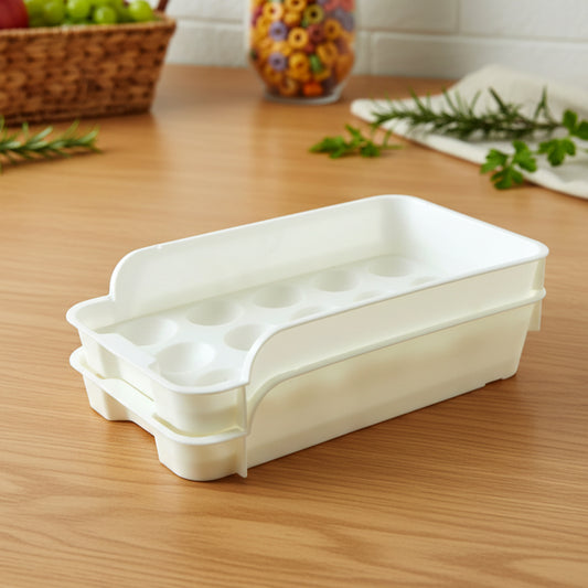 Wukusy plastic egg storage tray holder set with two white trays, designed for organized egg storage and easy access.