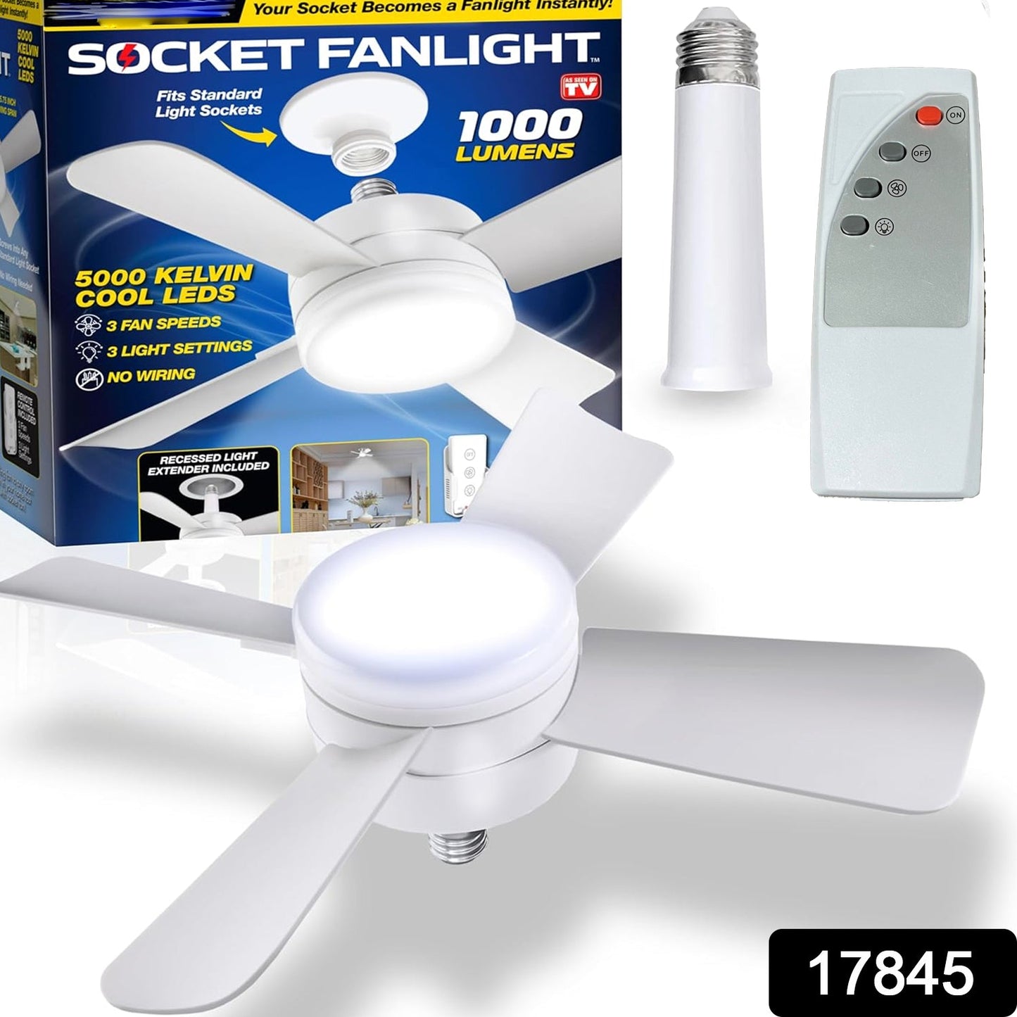 Wukusy Socket Fan Light Original with cool LED bulb, ceiling fan with remote, 1000 lumens, 5000K cool white light for home use
