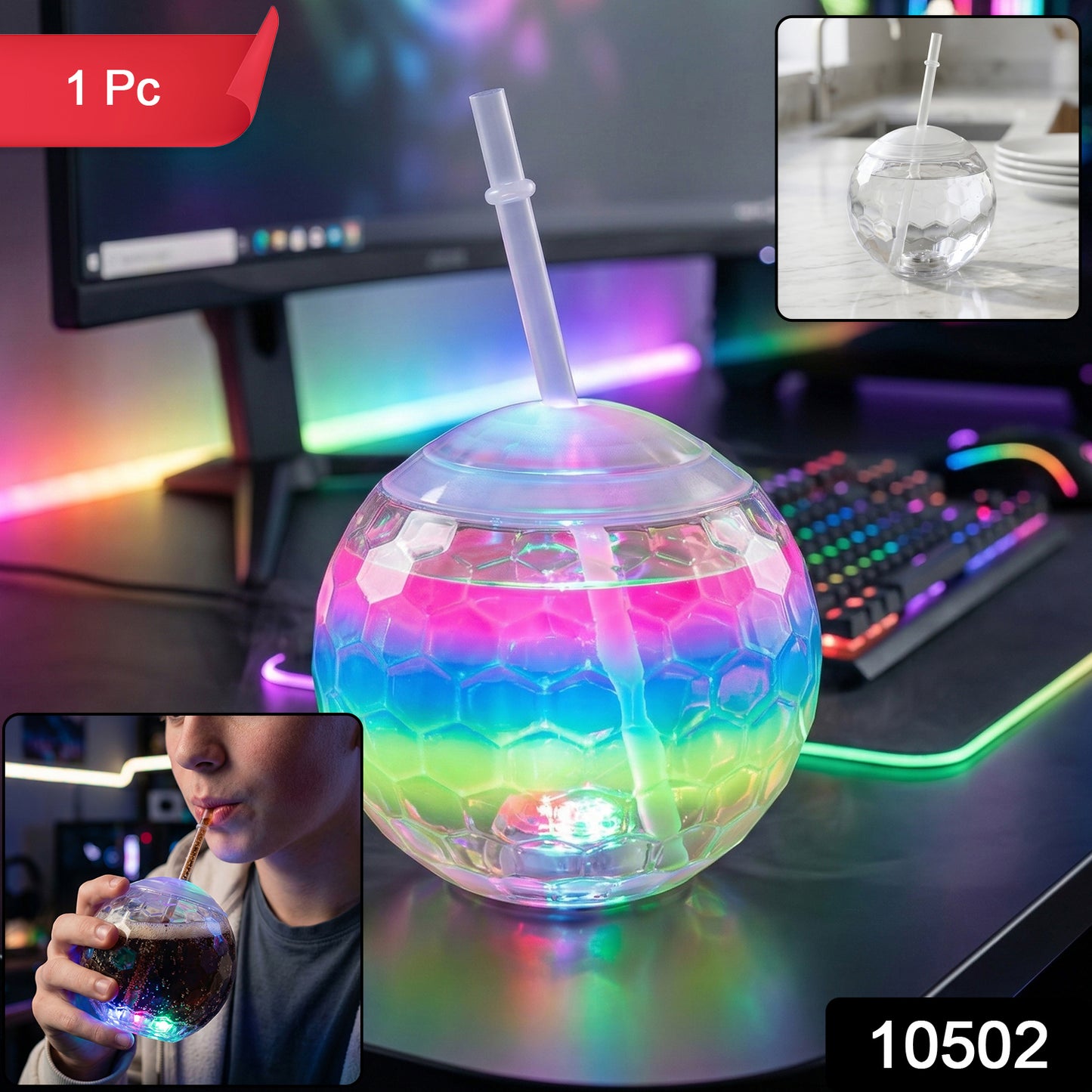 Wukusy LED glow drink cup with straw, illuminated in vibrant colors, perfect for parties and celebrations.