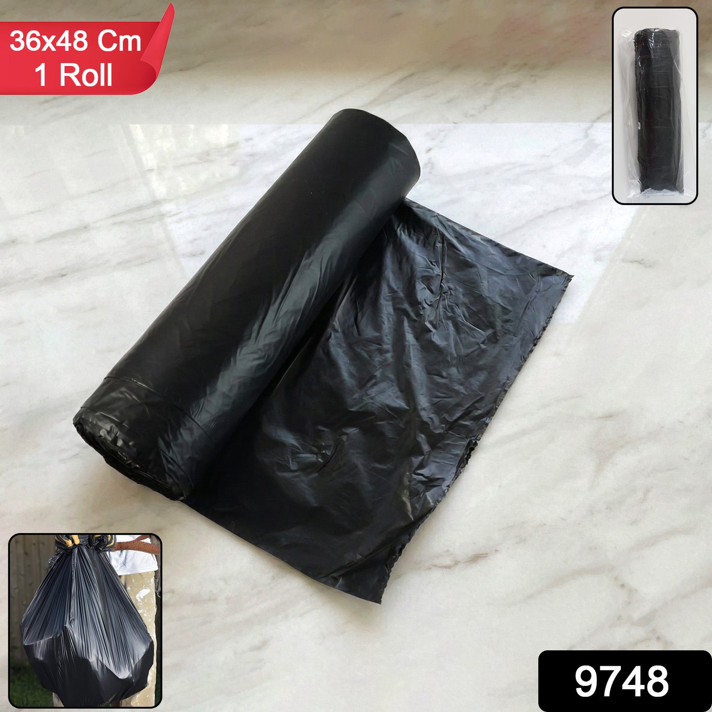 Black heavy-duty garbage bag roll by Wukusy, ideal for home and commercial waste disposal, shown in a roll ready for use.