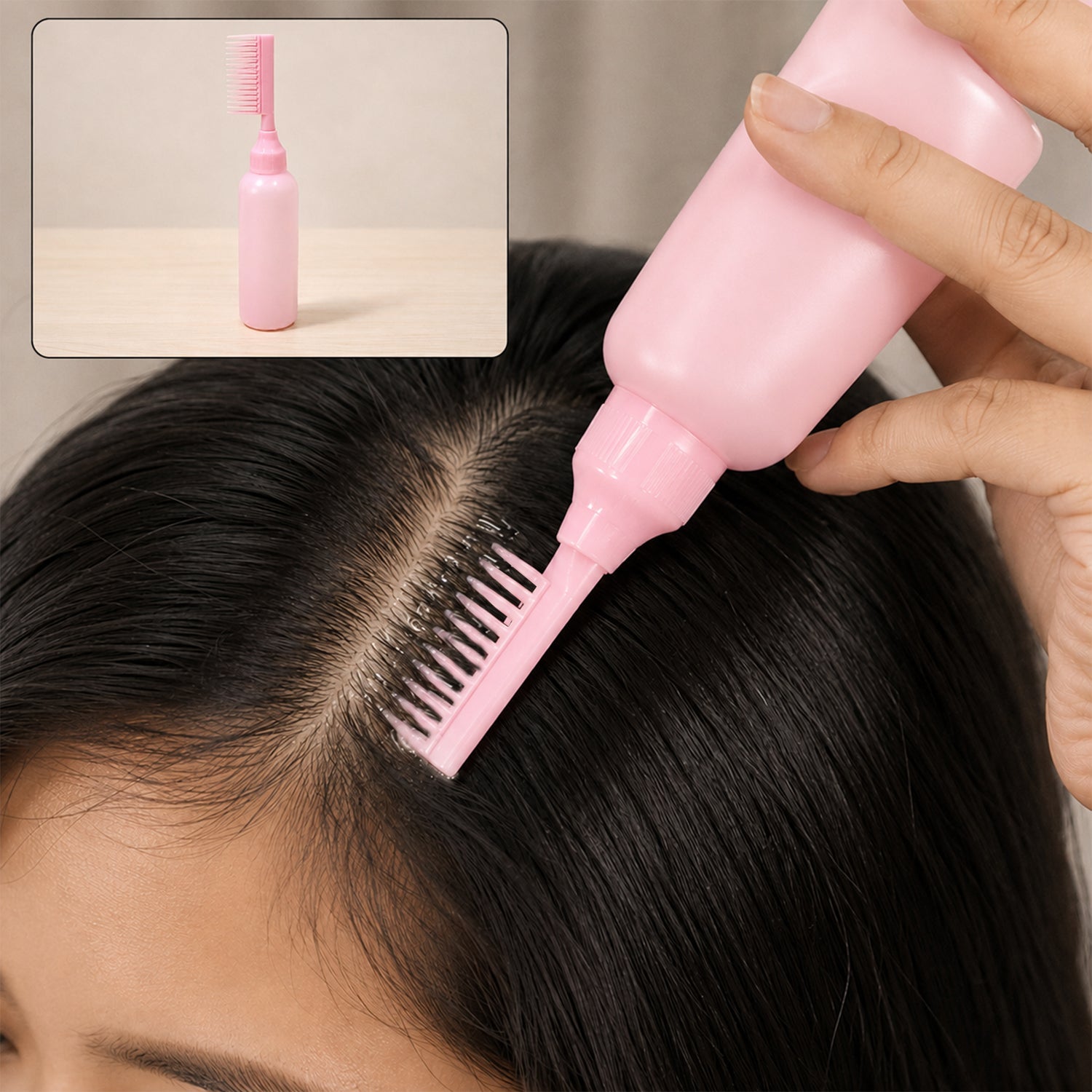 Wukusy 2-in-1 hair oil applicator bottle with scalp comb for root hair care, shown with the applicator and comb attached.