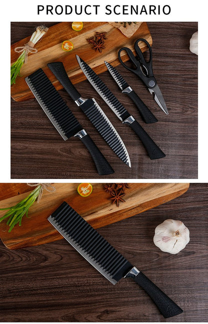 Wukusy 6-piece stainless steel knife set with chef peeler and scissors, displayed on a kitchen countertop with cutting tools arranged neatly.