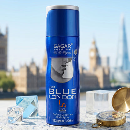 Wukusy Sagar Just Blue London men's perfume body spray and deodorant, 200ml, featuring sleek packaging and refreshing scent.