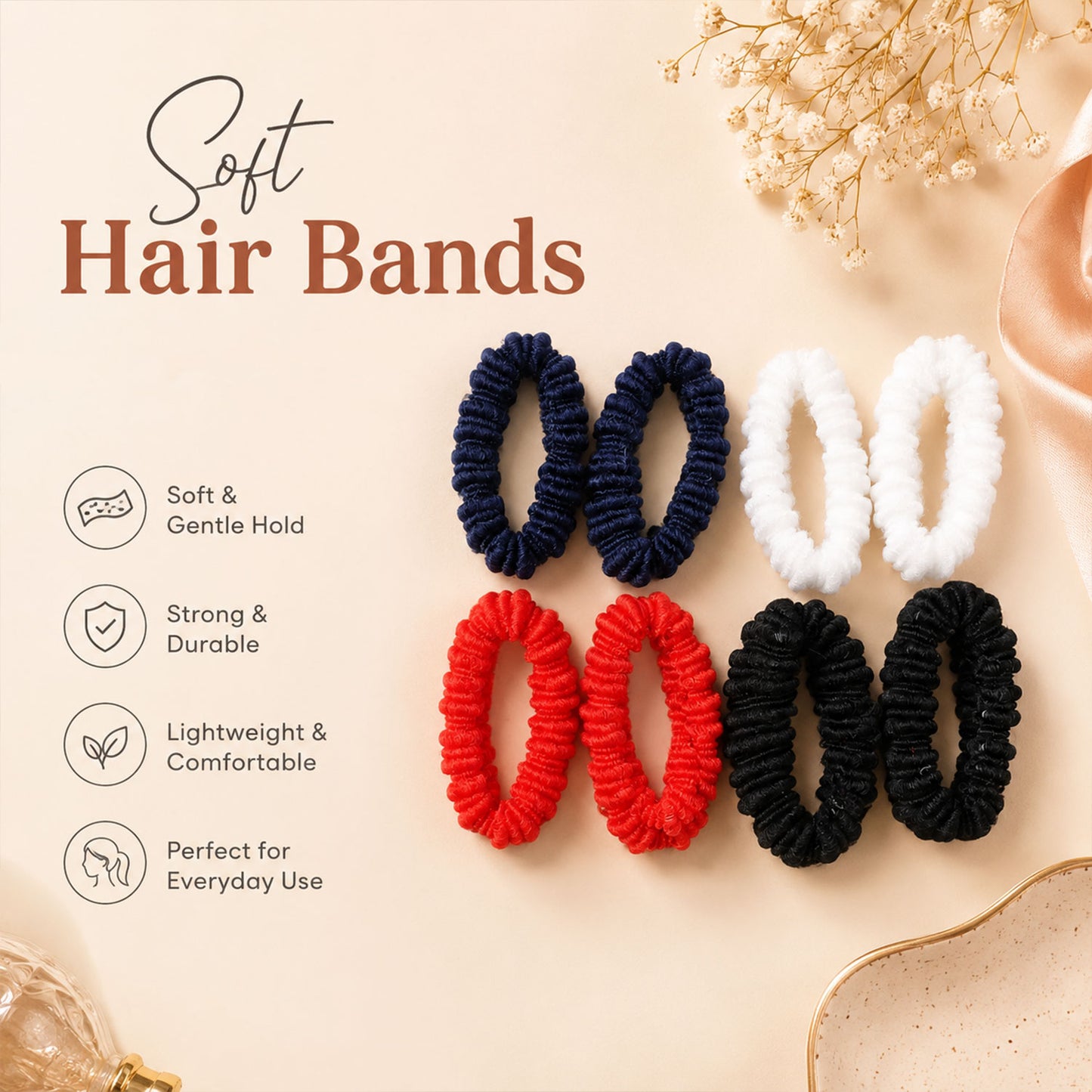 Set of three colorful soft elastic hairbands by Wukusy, stretchable hair accessories for women and girls, shown in a close-up image.