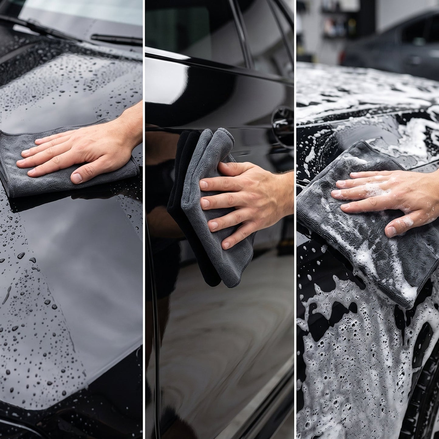 Set of three Wukusy microfiber cleaning towels, 30x30 cm, lint-free and highly absorbent for streak-free cleaning.