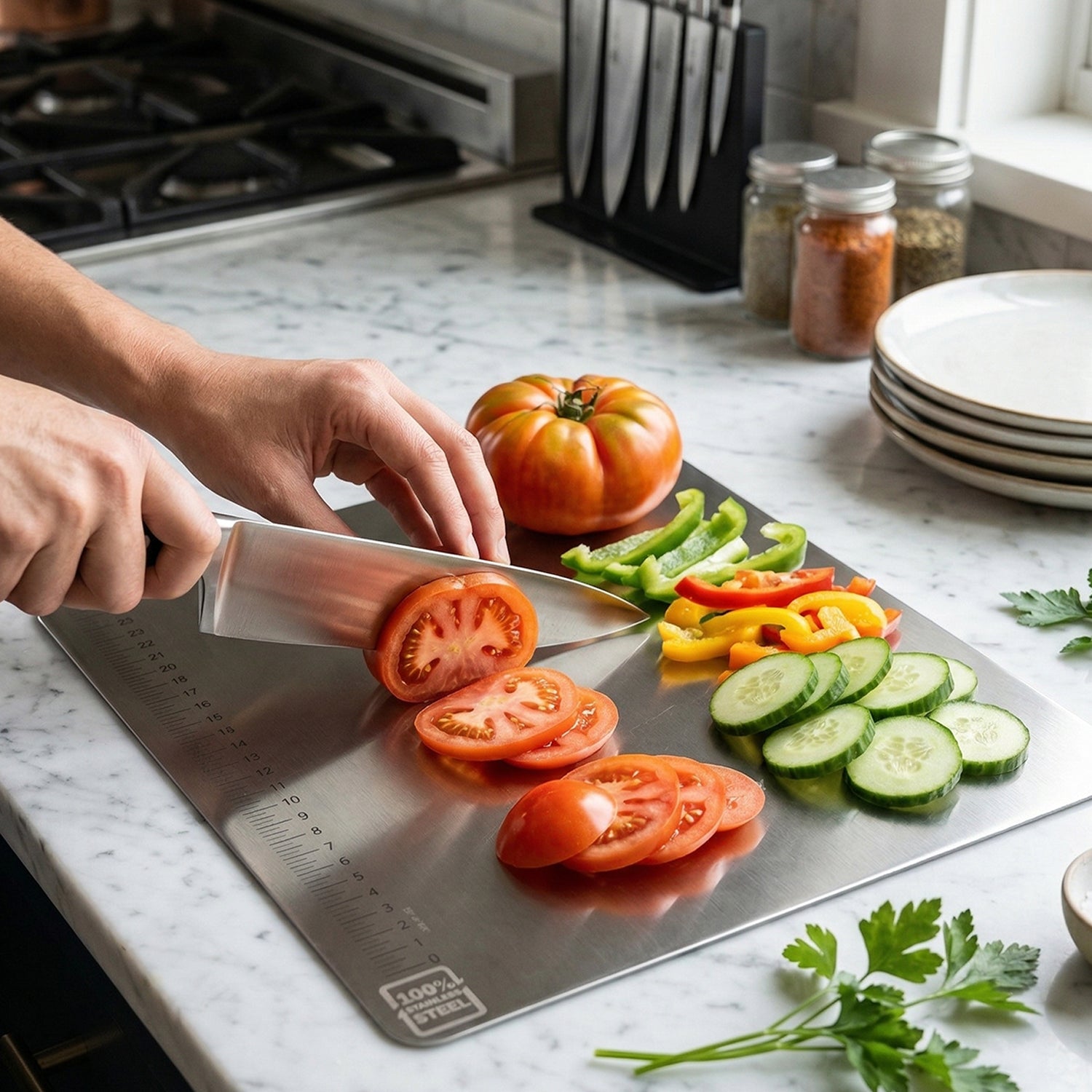 Wukusy stainless steel chopping board, 35.5x29 cm, 1mm thick, flat surface for food prep, single piece design.