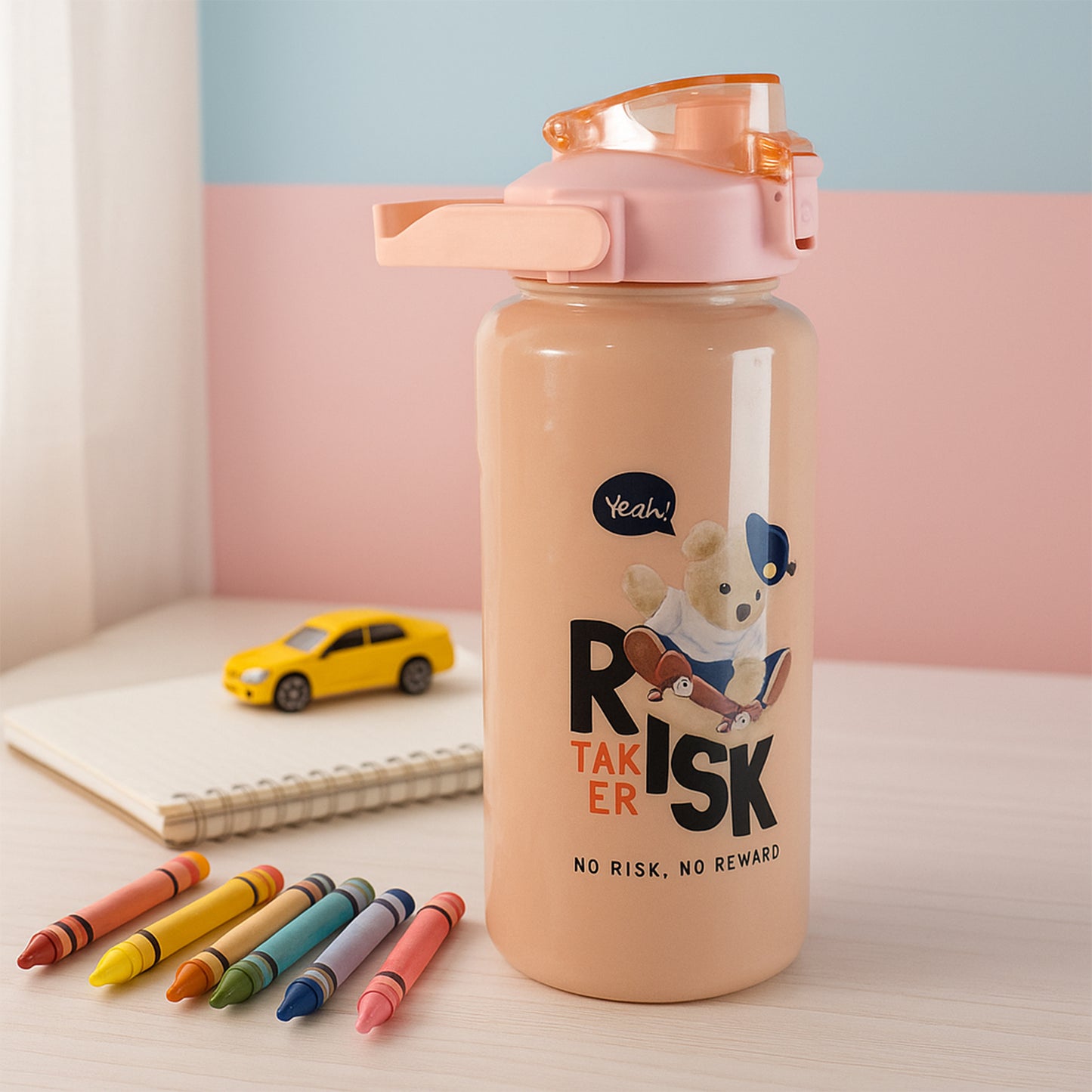 Set of three Wukusy cartoon printed water bottles for home and kitchen use, featuring colorful character designs.