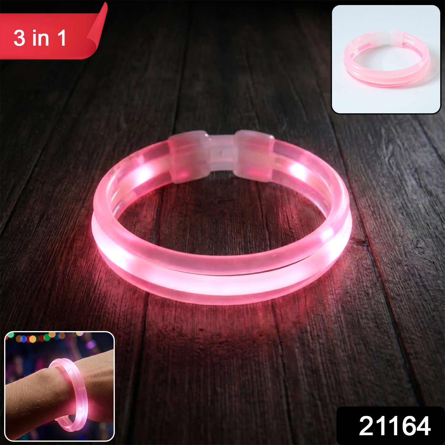 Wukusy 3-in-1 glow bracelet with vibrant LED lights, adjustable strap, and colorful glowing features for fun and safety.