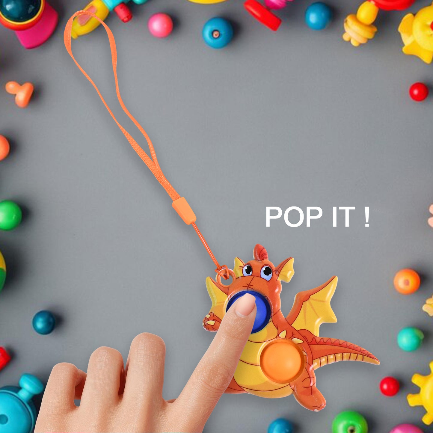Wukusy dragon-shaped push pop fidget toy with two bubbles and strap, colorful and playful sensory toy for kids.