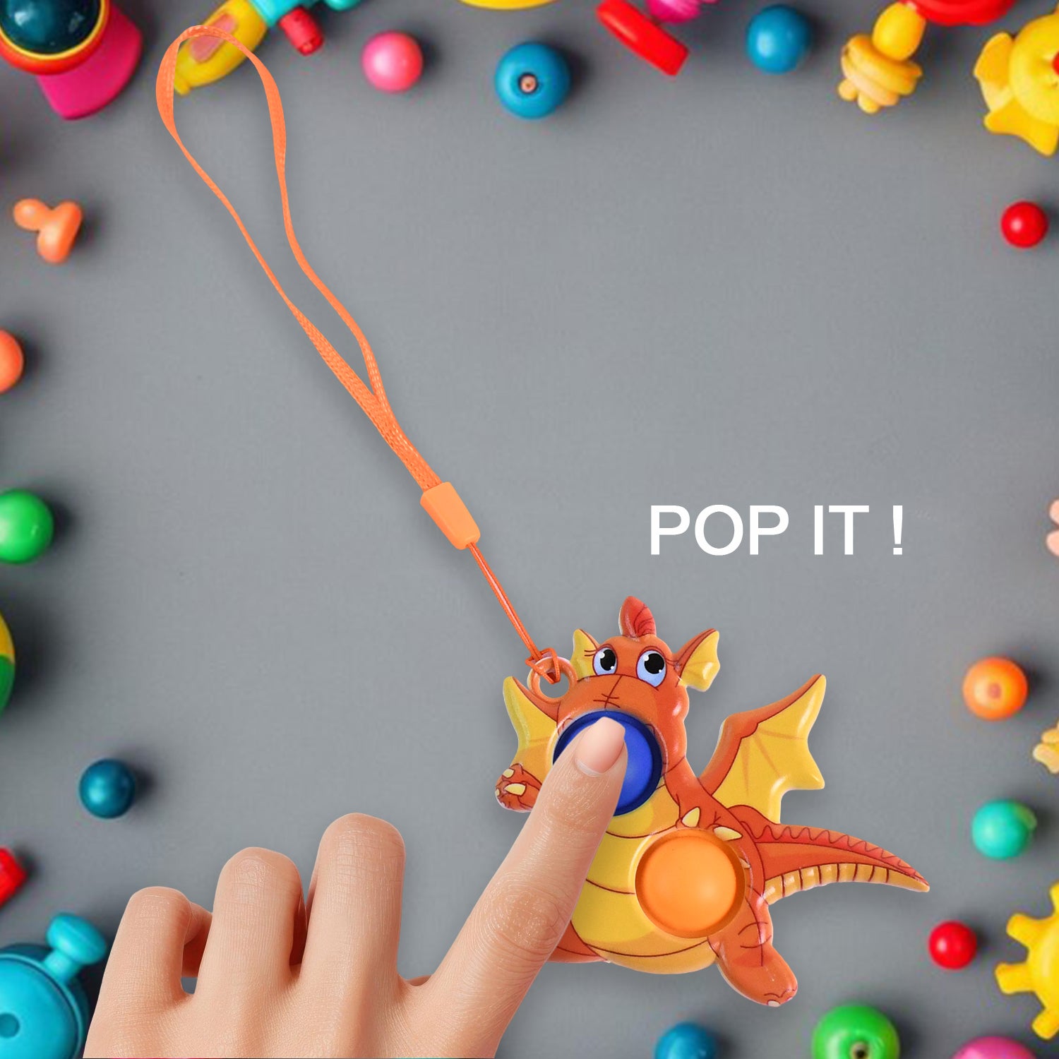 Wukusy dragon-shaped push pop fidget toy with two bubbles and strap, colorful and playful sensory toy for kids.