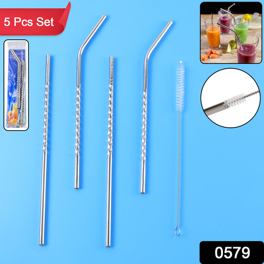 Wukusy 579 set of 4 stainless steel kitchen straws with 2 straight, 2 bent, and 1 cleaning brush on white background