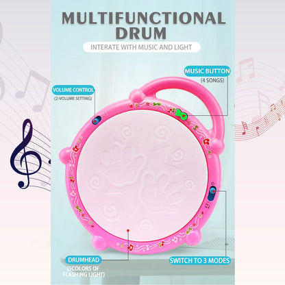 Colorful plastic baby drum toy with light, musical sounds, and buttons, designed for children by Wukusy.
