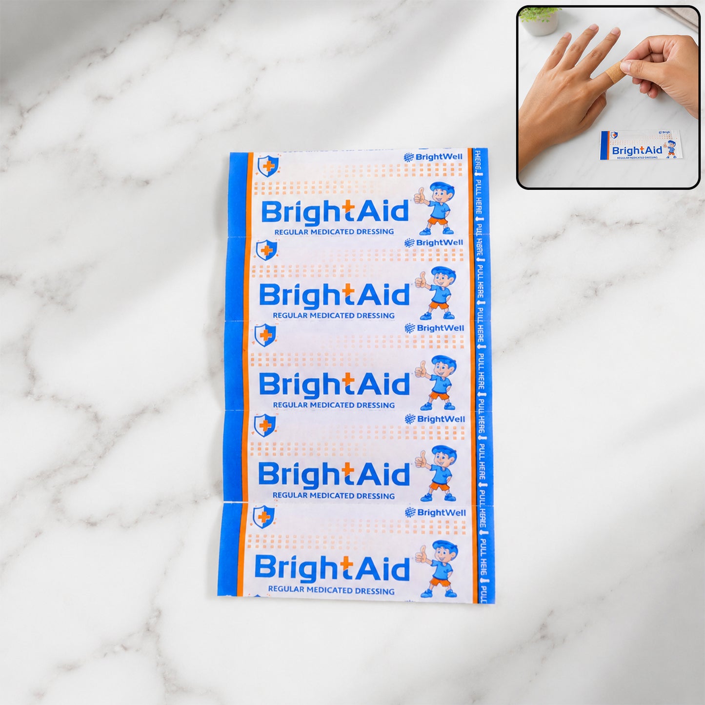 Wukusy Brightaid regular adhesive bandages for cuts and wounds, 5-pack first aid strips on a neutral background.