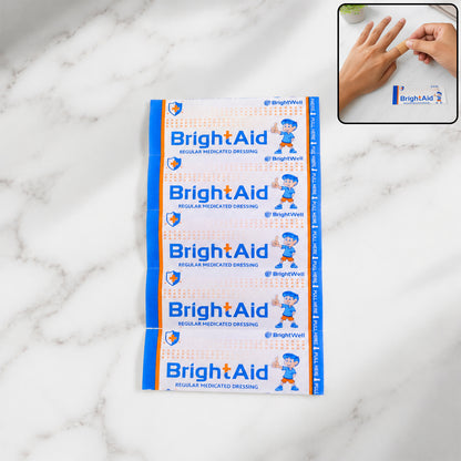 Wukusy Brightaid regular adhesive bandages for cuts and wounds, 5-pack first aid strips on a neutral background.